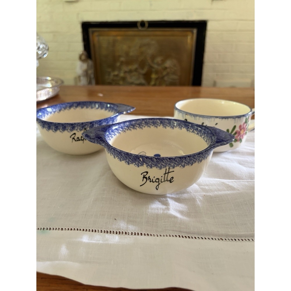 French Folk Art Breton Bowls And Cafe Any Lait Cup Handpainted And Signed Blue